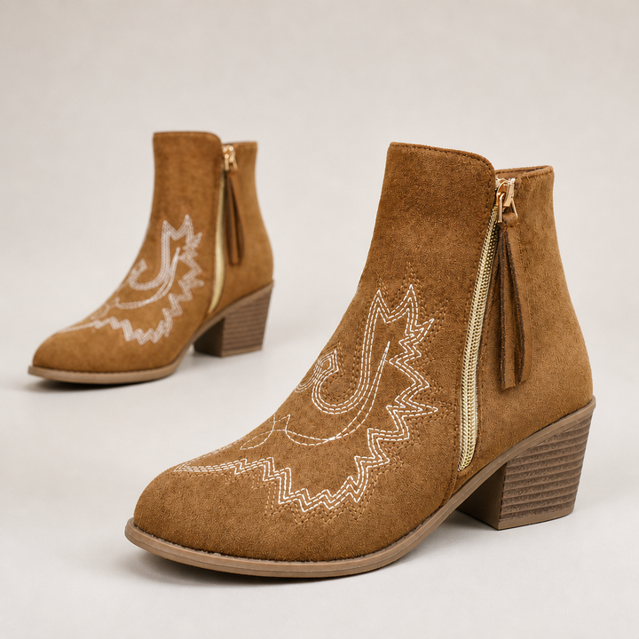 Brown Western ankle boot with yellow zipper