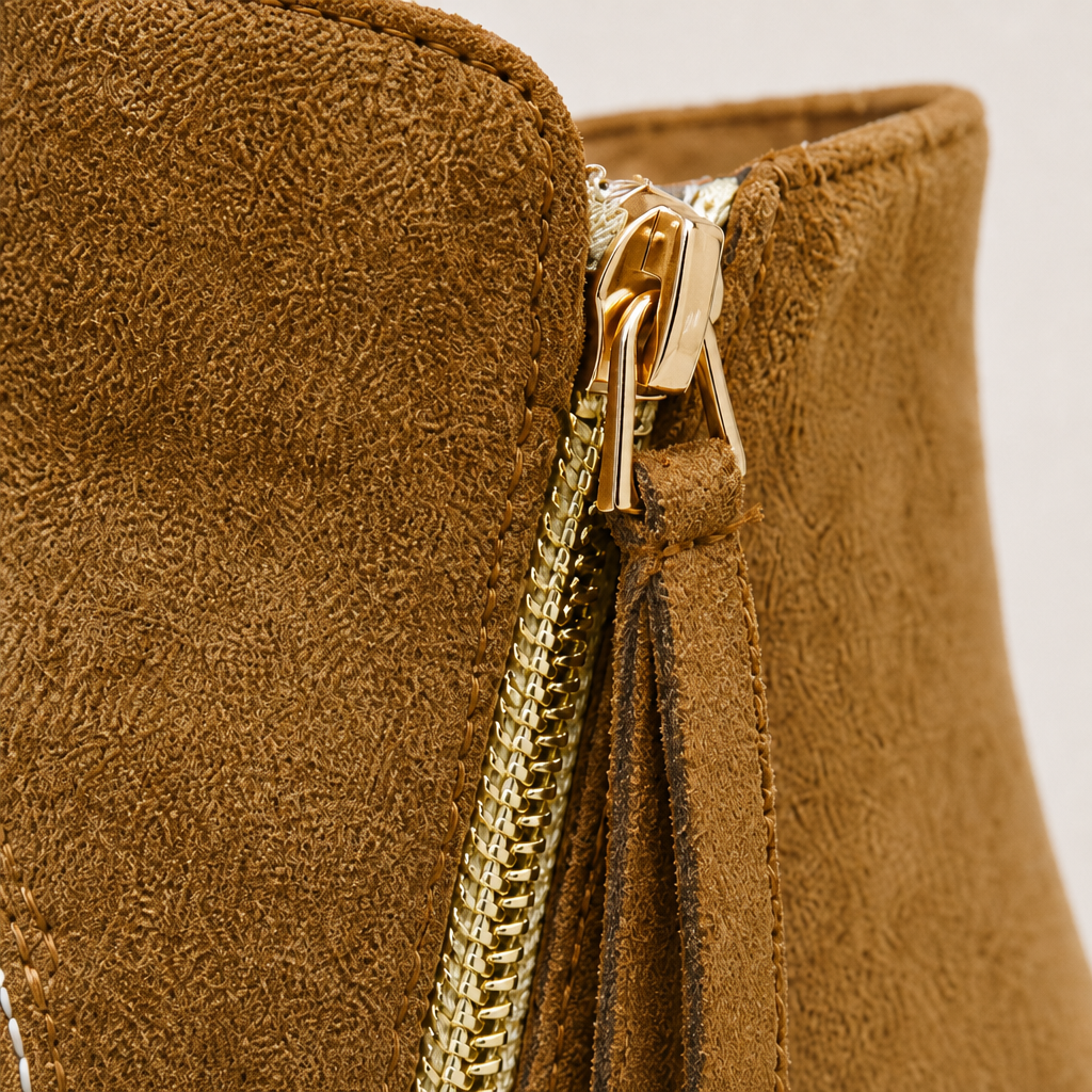 Side view of pointed toe boot with medium heel