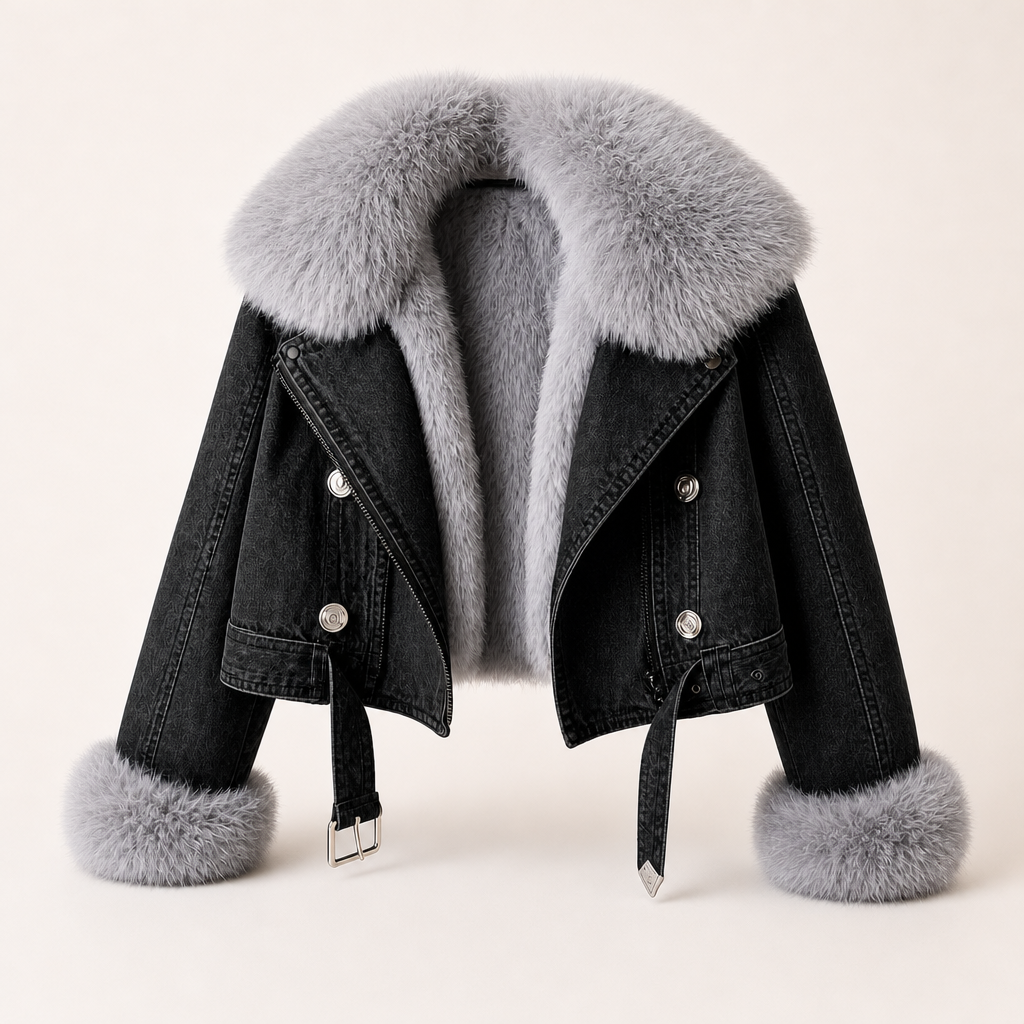 Back view of short denim jacket with fur trim