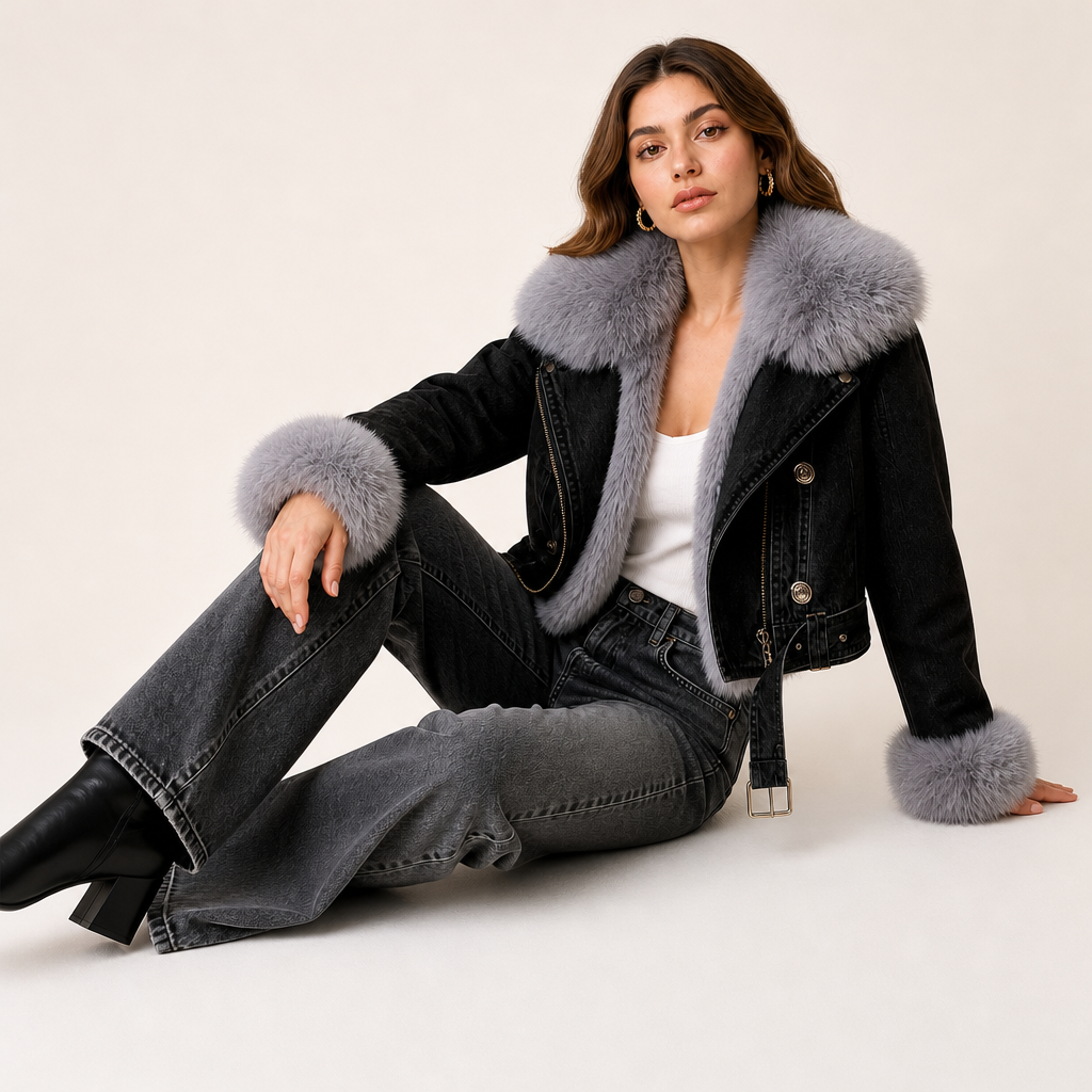Front view of denim jacket with rabbit fur lining