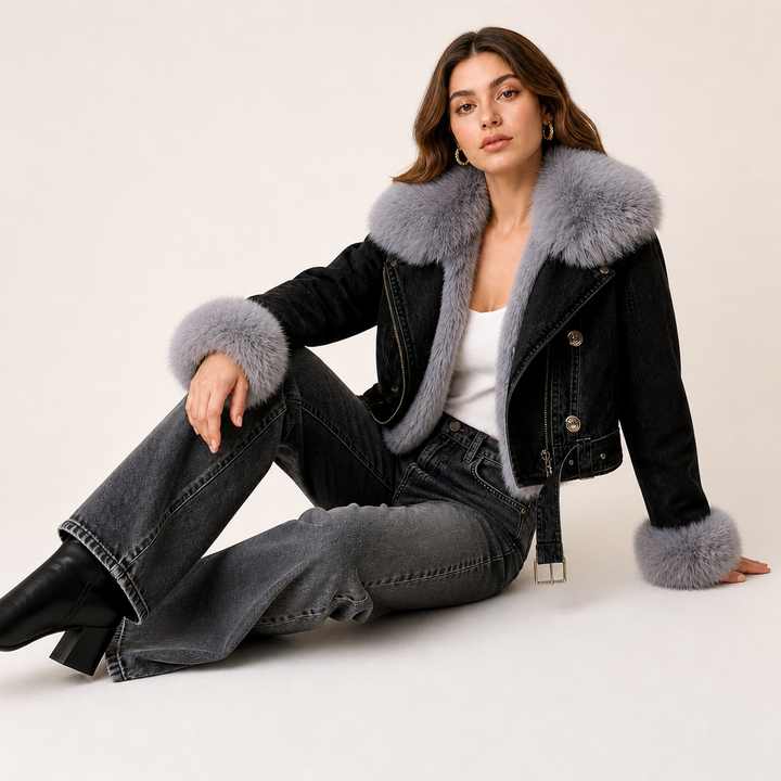 Front view of denim jacket with rabbit fur lining