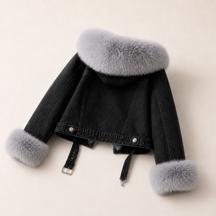 Side profile of denim jacket with faux fur collar