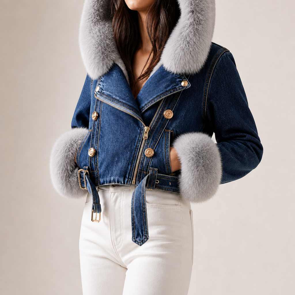 Close-up of detachable fur collar on denim jacket