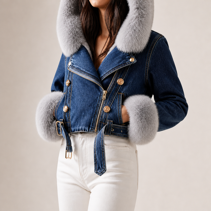 Close-up of detachable fur collar on denim jacket