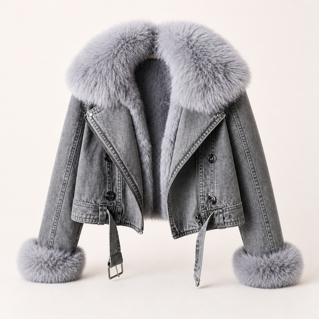 Light blue denim jacket with removable fur collar