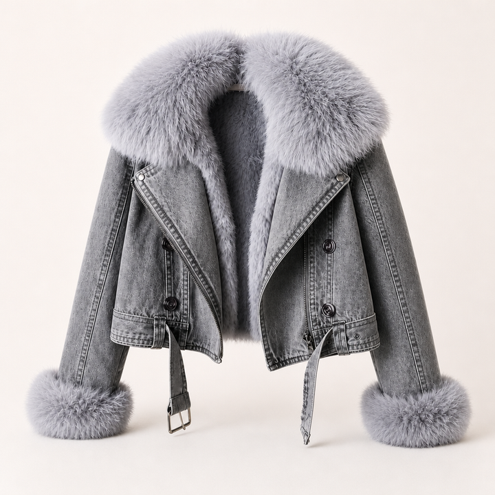 Light blue denim jacket with removable fur collar