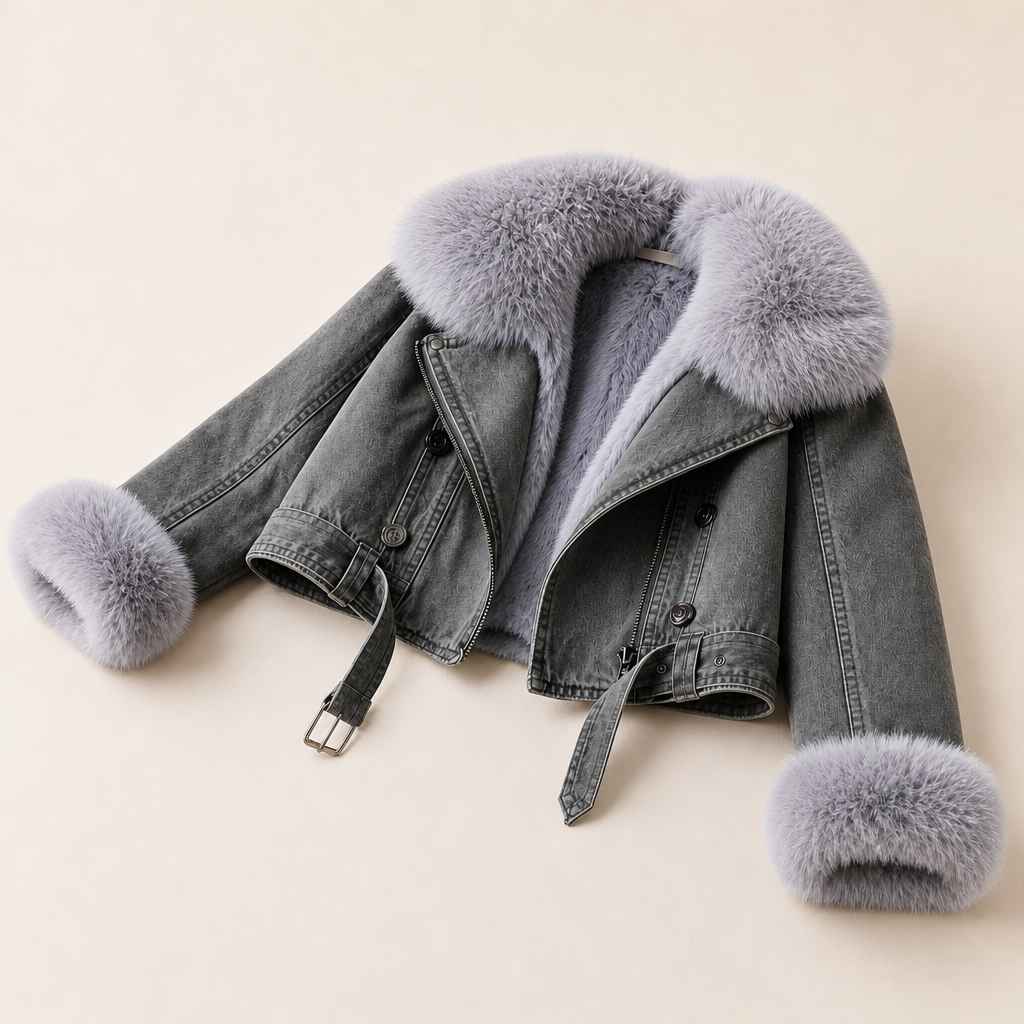 Dark blue jacket with slim fit and fur lining