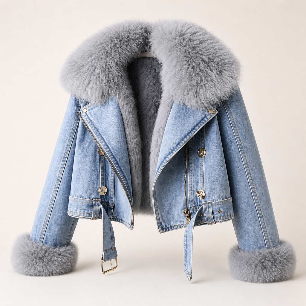Women's light blue denim jacket with faux fur collar