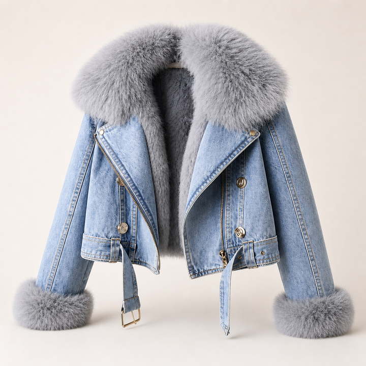 Women's light blue denim jacket with faux fur collar