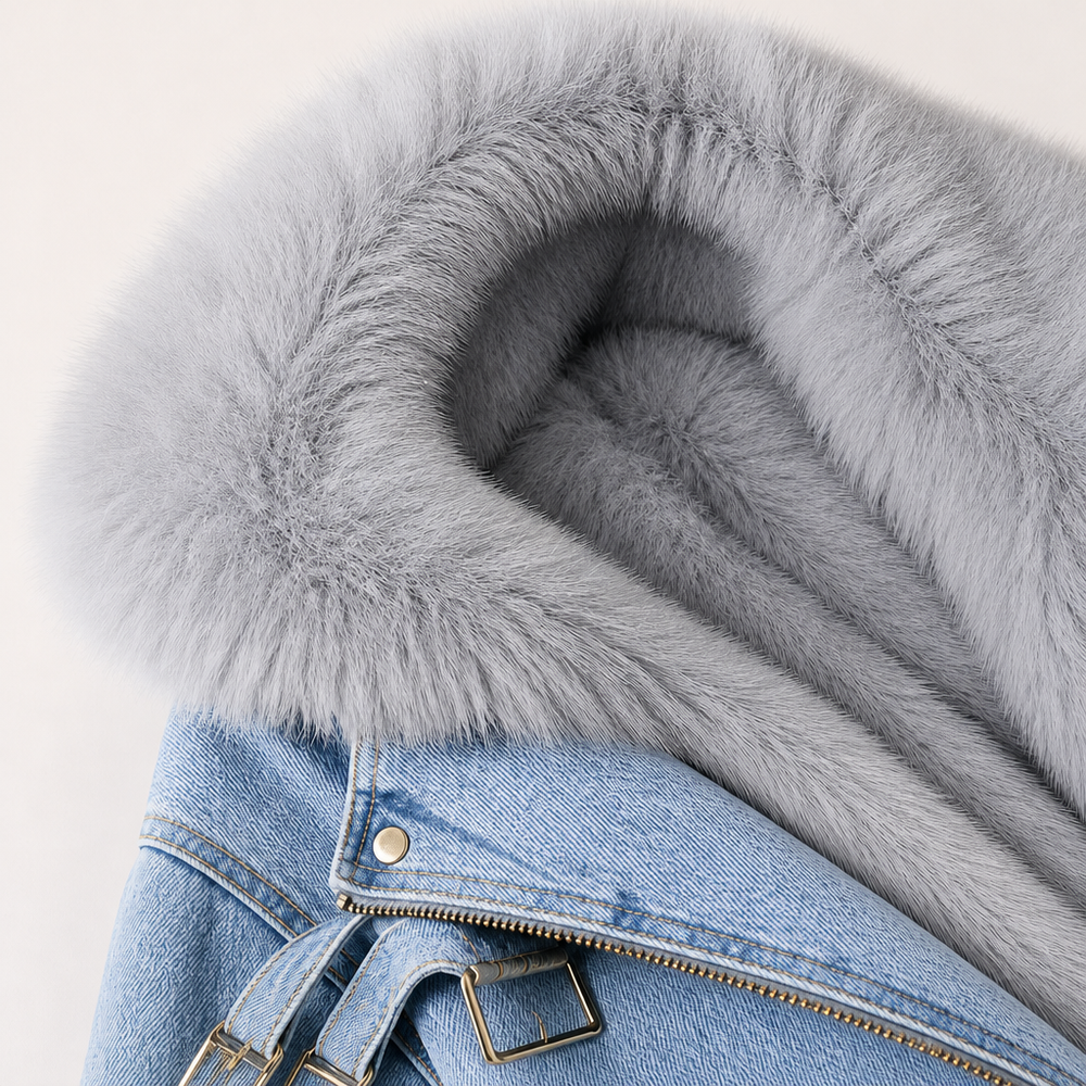 Dark blue denim jacket with detachable fur collar