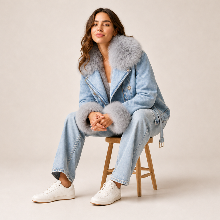 Model wearing a denim jacket with fur collar
