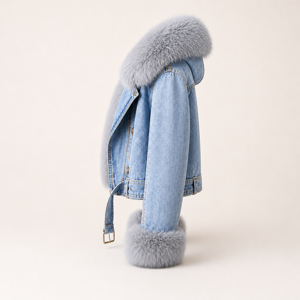 Black denim jacket featuring rabbit fur lining