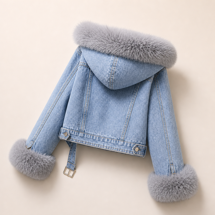 Gray denim jacket with imitation fox fur collar