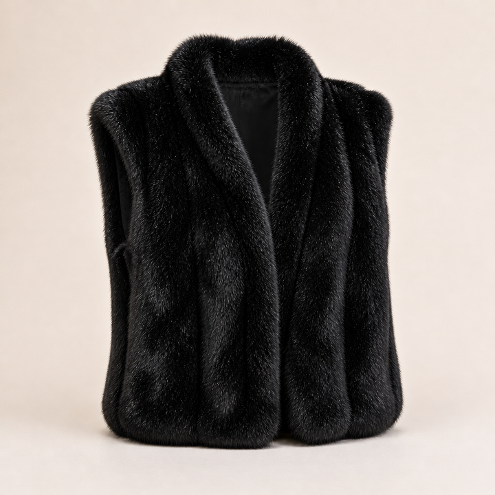 Front view of black fur vest