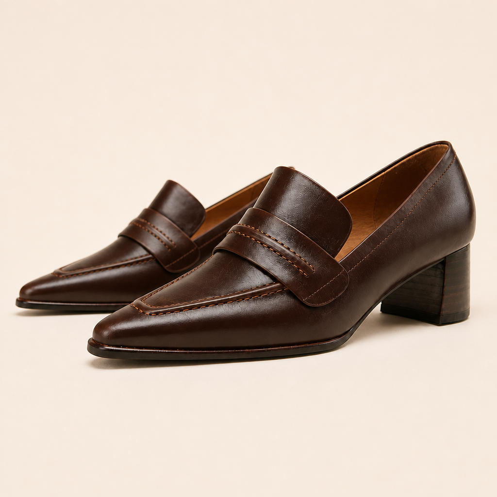 Black medium heel loafers side view
