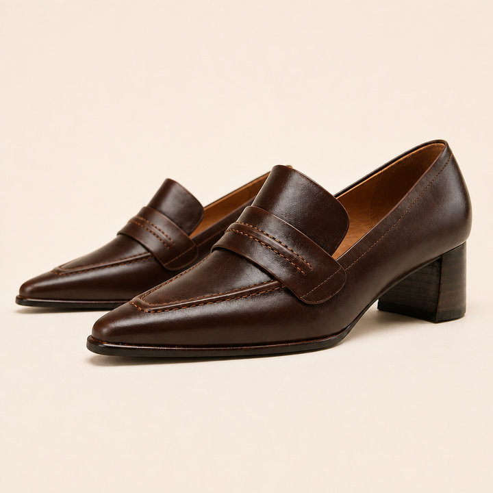 Black medium heel loafers side view