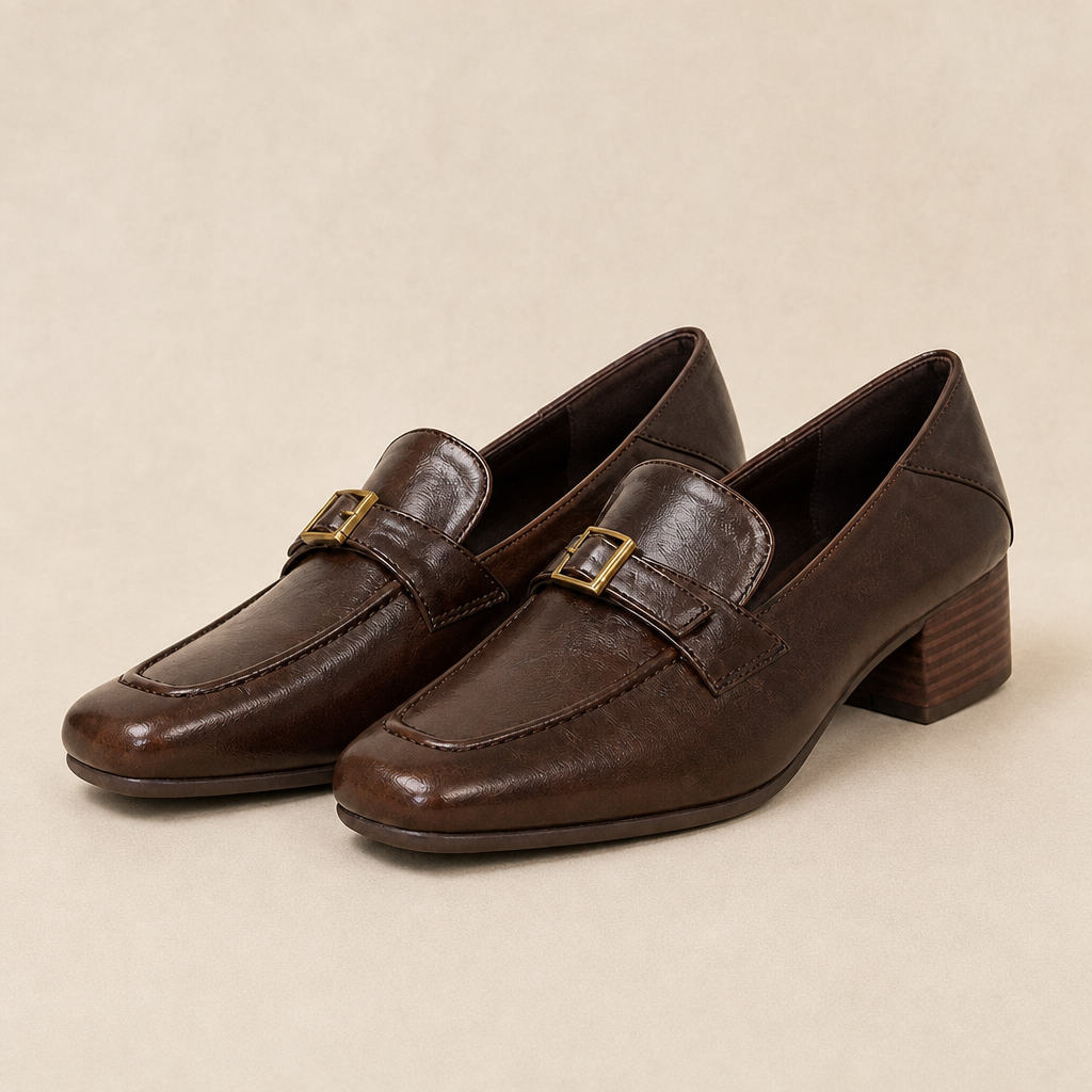 Brown square toe loafers with medium heel
