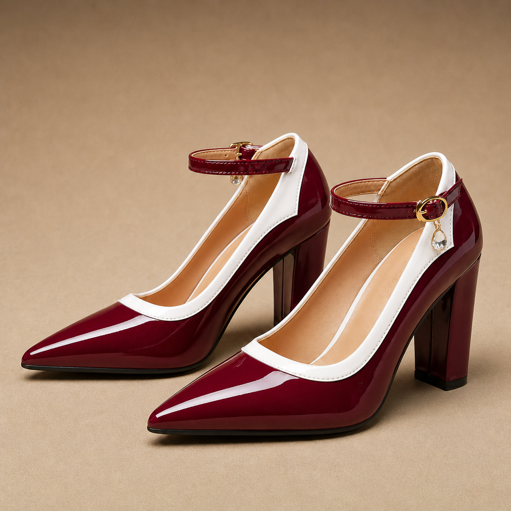 Red pointed toe heels with thick heel