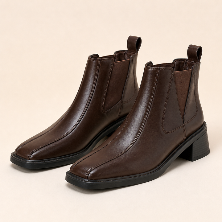 Brown Chelsea boots with thick heel and back zipper