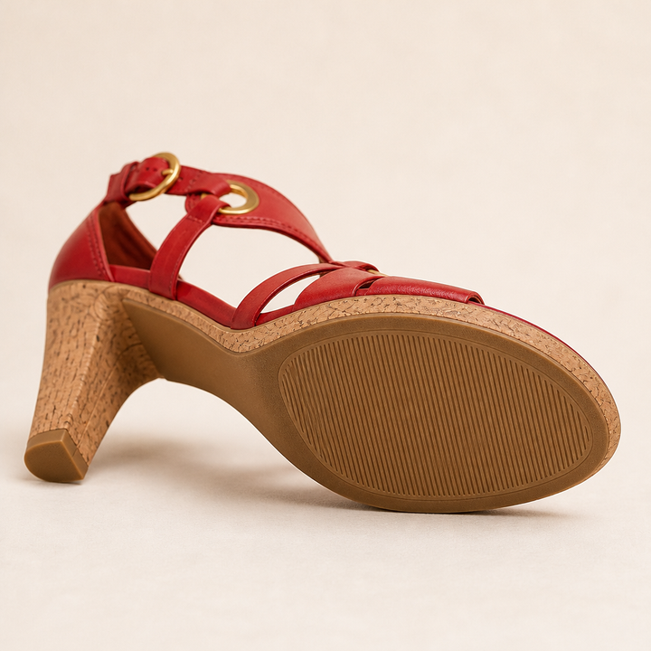 Gray heeled sandals featuring round toe